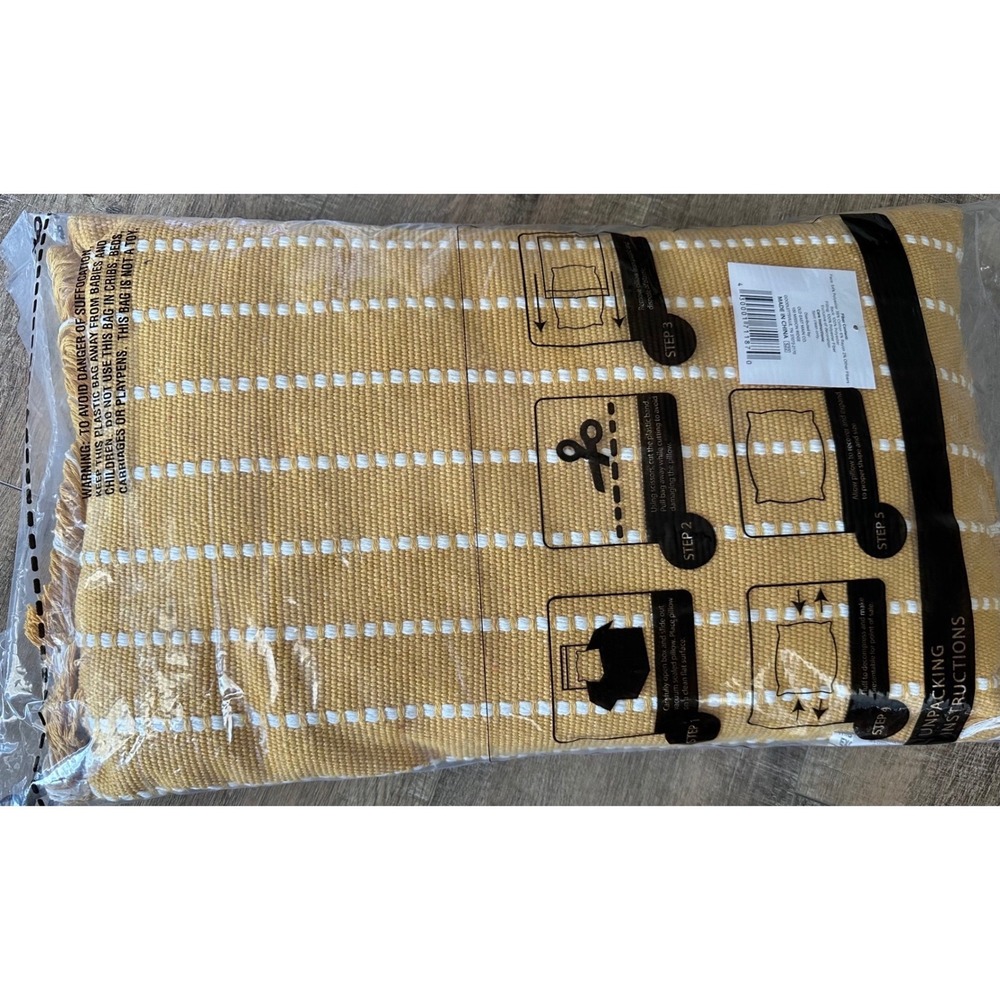 Mustard Yellow with White Stripes & Woven Fringe Lumbar Pillow 20x12"